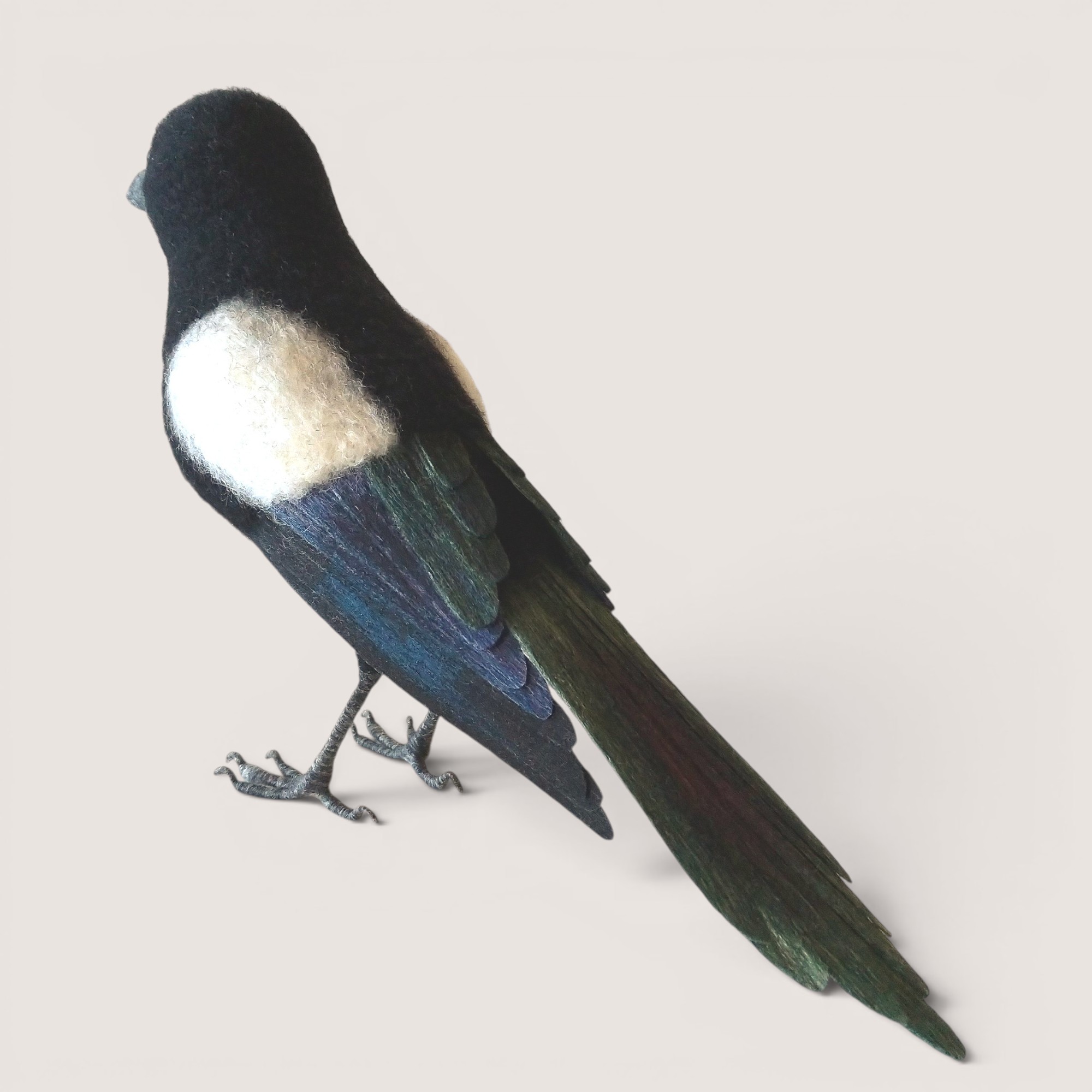 Magpie 3 Needle felted magpie sculpture, back view