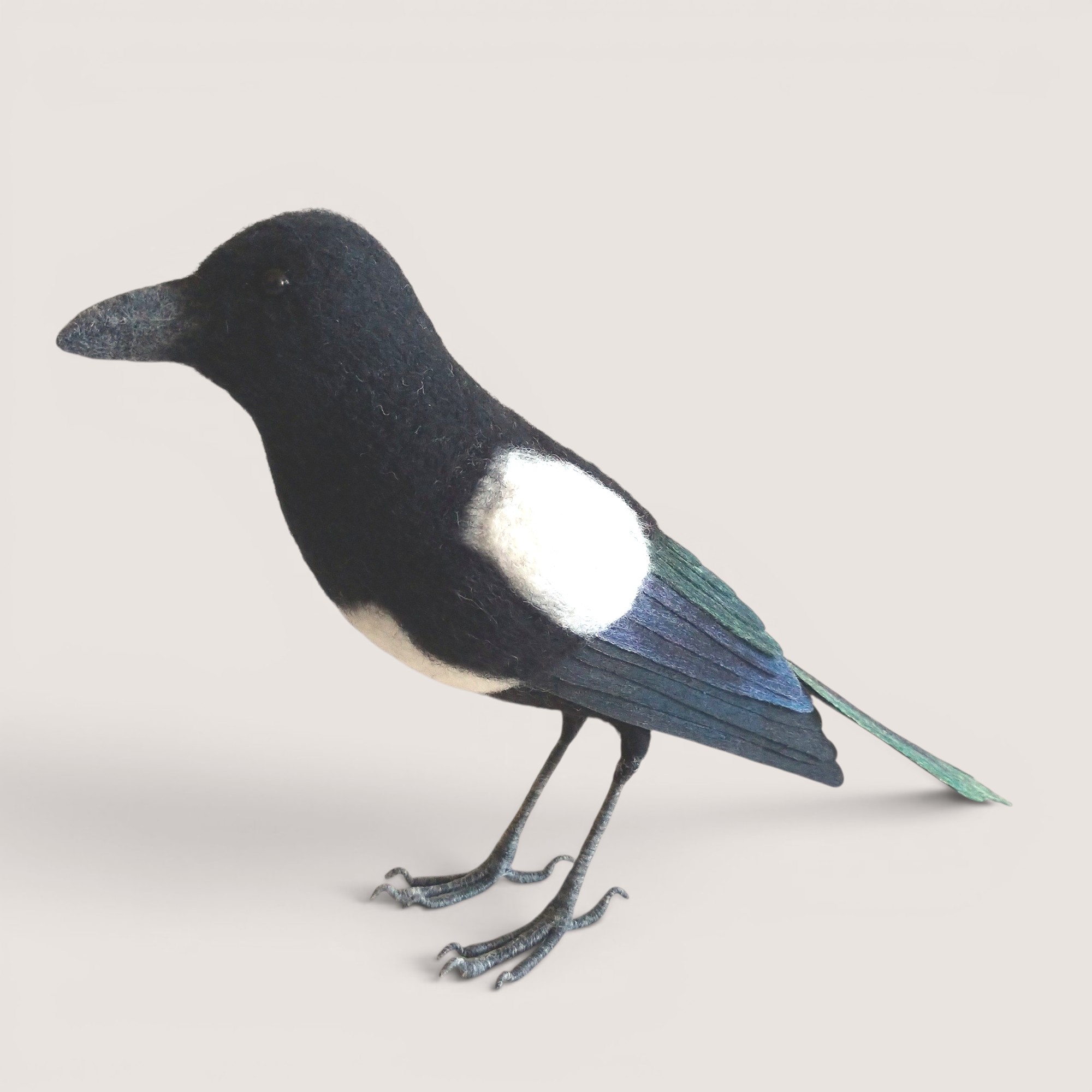 Magpie 1 Needle felted magpie sculpture, made to order, side view