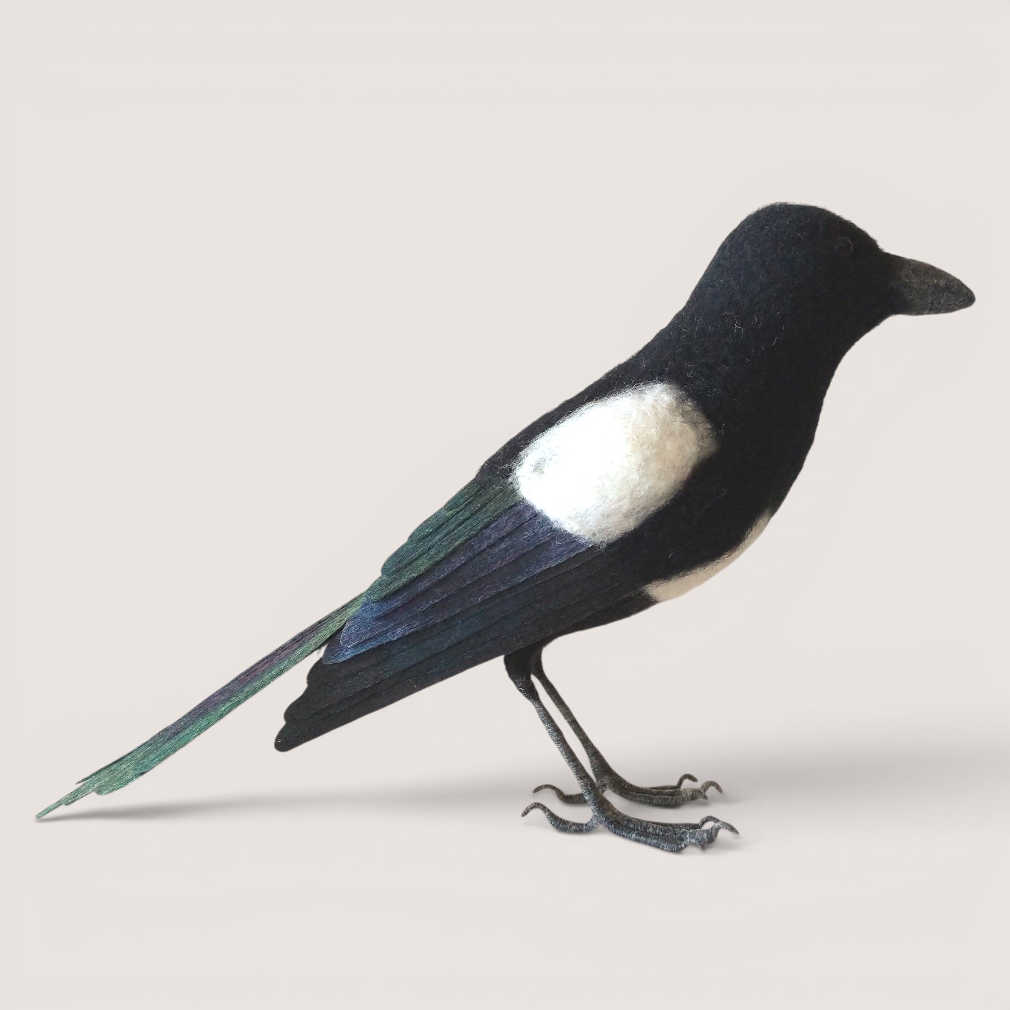 Magpie 2 Needle felted magpie sculpture, side view