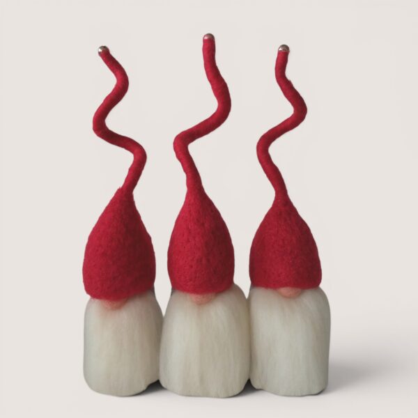 Needle felted Tomten set of three by Grey Wren Studio in Cranberry hat colours shown from the front