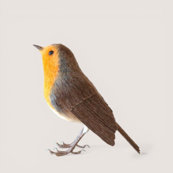 Made to Order 31 Side view of needle felted robin, handmade wool sculpture by Grey Wren Studio