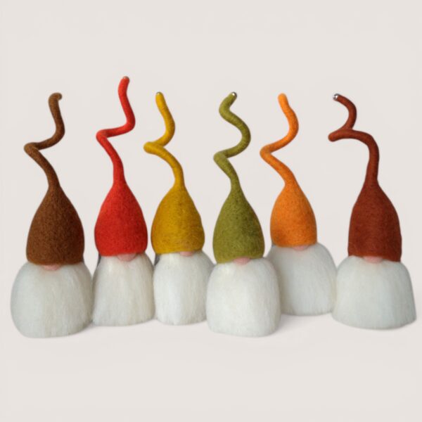 Set of six needle felted Tomten in autumn colours, handmade wool figures by Grey Wren Studio