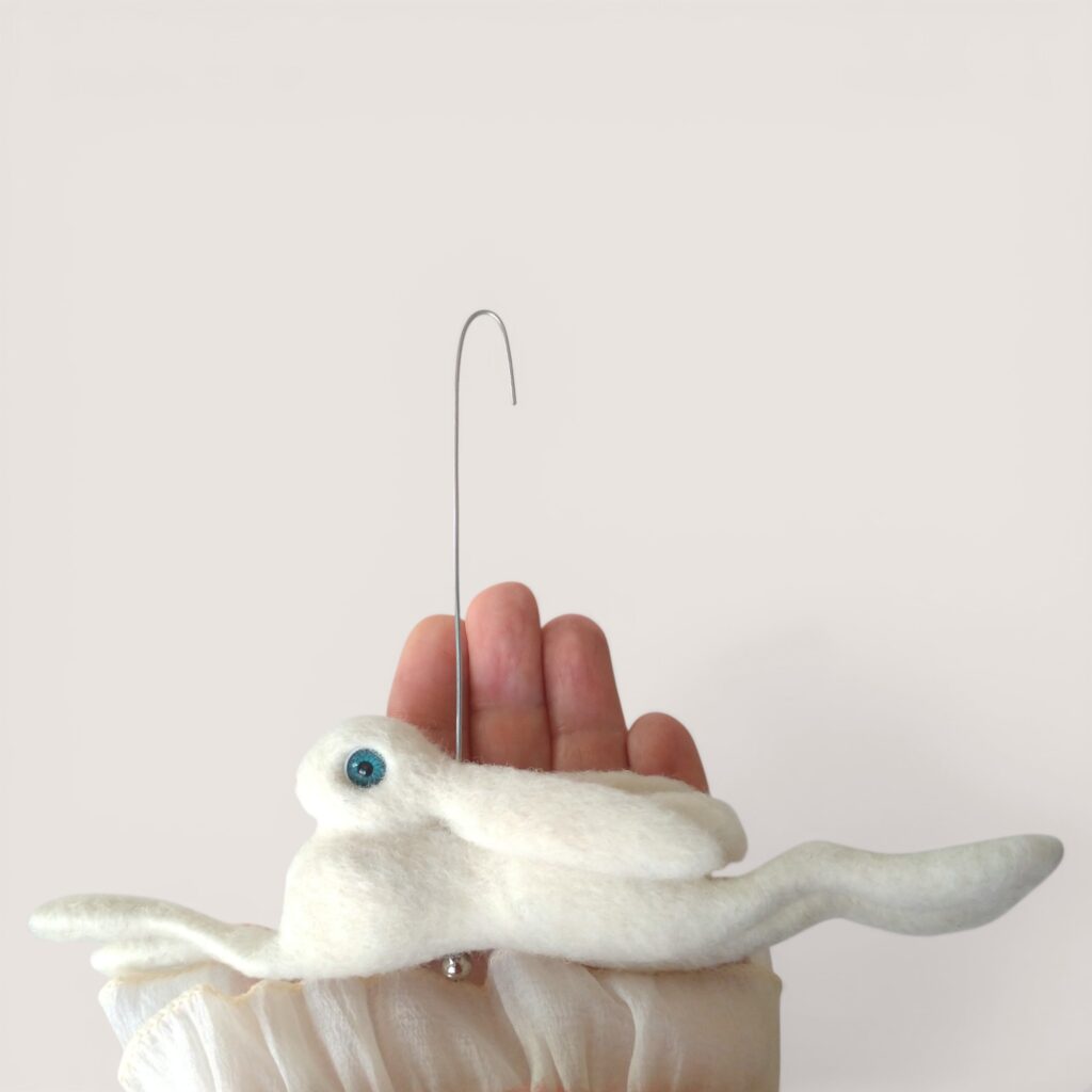 What You’ll Find in Gift & Display 4 Needle felted white hare hanging ornament shown in hand for scale