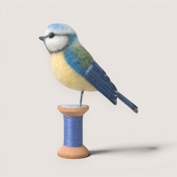 Wooden Bobbin Bird Collection 11 Needle-felted blue tit on a wooden bobbin by Grey Wren Studio