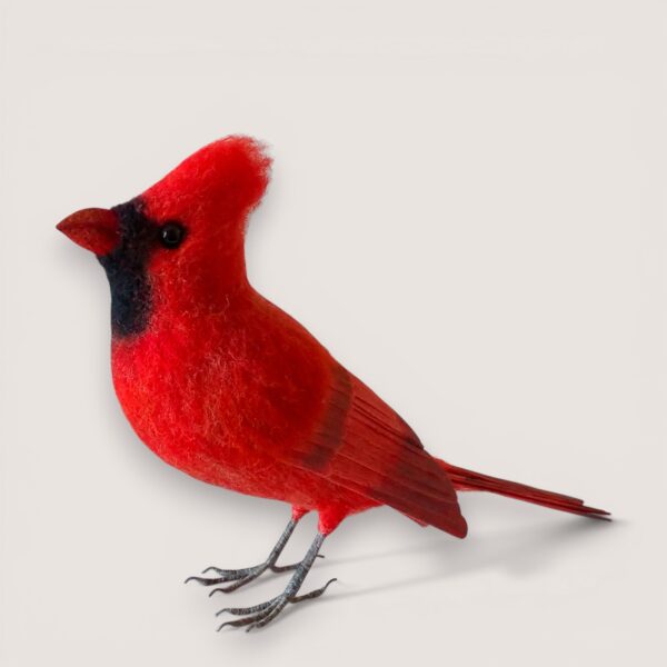 Made to Order 27 Side view of needle felted male northern cardinal, handmade wool sculpture by Grey Wren Studio