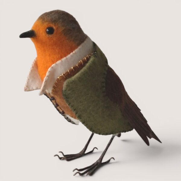 Ready to Ship 29 Needle felted robin character wearing a Regency-inspired green wool coat by Grey Wren Studio