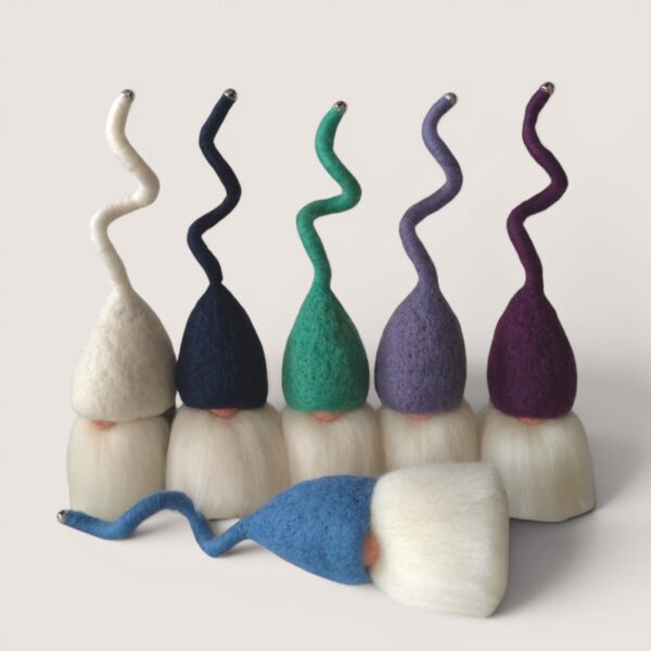 Needle felted Tomten set of six by Grey Wren Studio in Winter Sky hat colours shown from the front