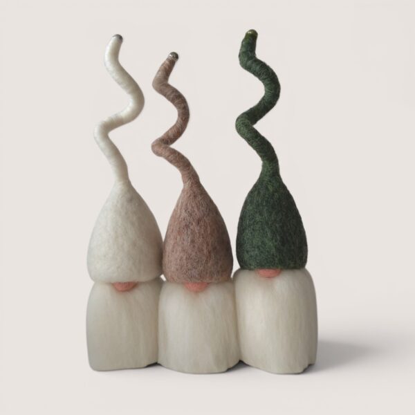Needle felted Tomten set of three by Grey Wren Studio in Hedgerow hat colours shown from the front