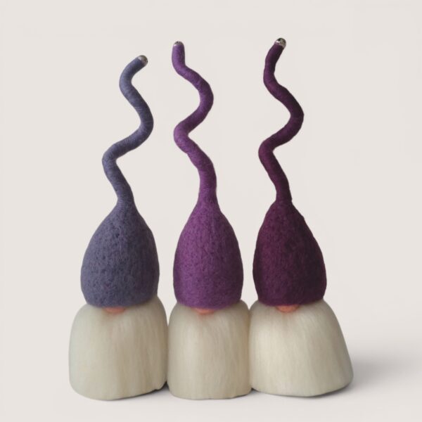 Needle felted Tomten set of three by Grey Wren Studio in Lavender Twilight hat colours shown from the front
