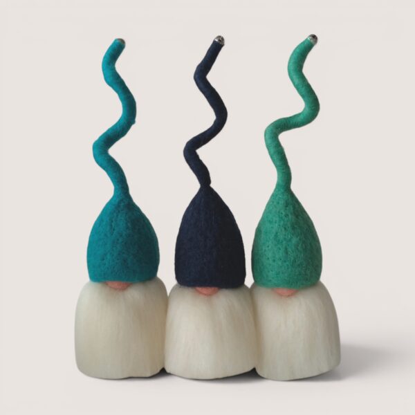 Needle felted Tomten set of three by Grey Wren Studio in Moonlit Tide hat colours shown from the front