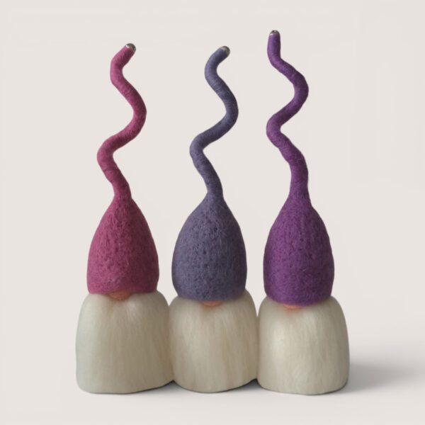Needle felted Tomten set of three by Grey Wren Studio in Rose Garden hat colours shown from the front