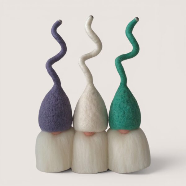 Needle felted Tomten set of three by Grey Wren Studio in Sea Glass hat colours shown from the front