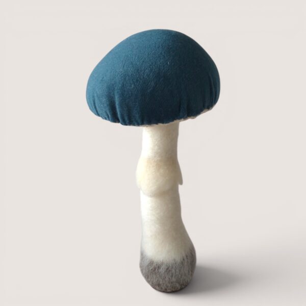 Velvet-Capped Mushroom Collection 6 Velvet-capped mushroom sculpture in blue storm velvet with needle-felted stalk on a wooden base by Grey Wren Studio, front view.