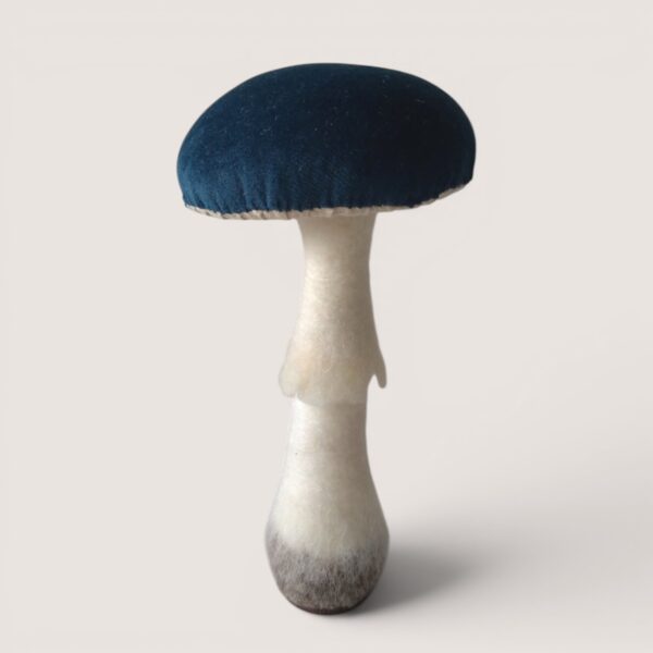 Velvet-Capped Mushroom Collection 7 Velvet-capped mushroom sculpture in midnight velvet with needle-felted stalk on a wooden base by Grey Wren Studio, front view.
