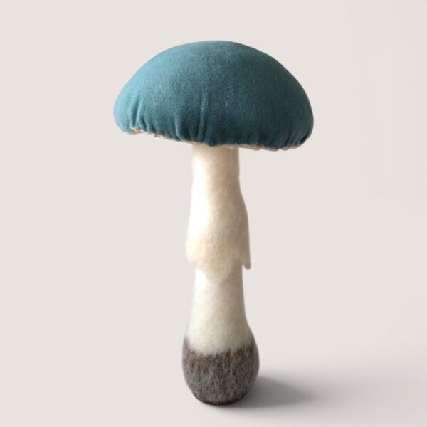 Velvet-Capped Mushroom Collection 5 Velvet-capped mushroom sculpture in sea green velvet with needle-felted stalk on a wooden base by Grey Wren Studio, front view.