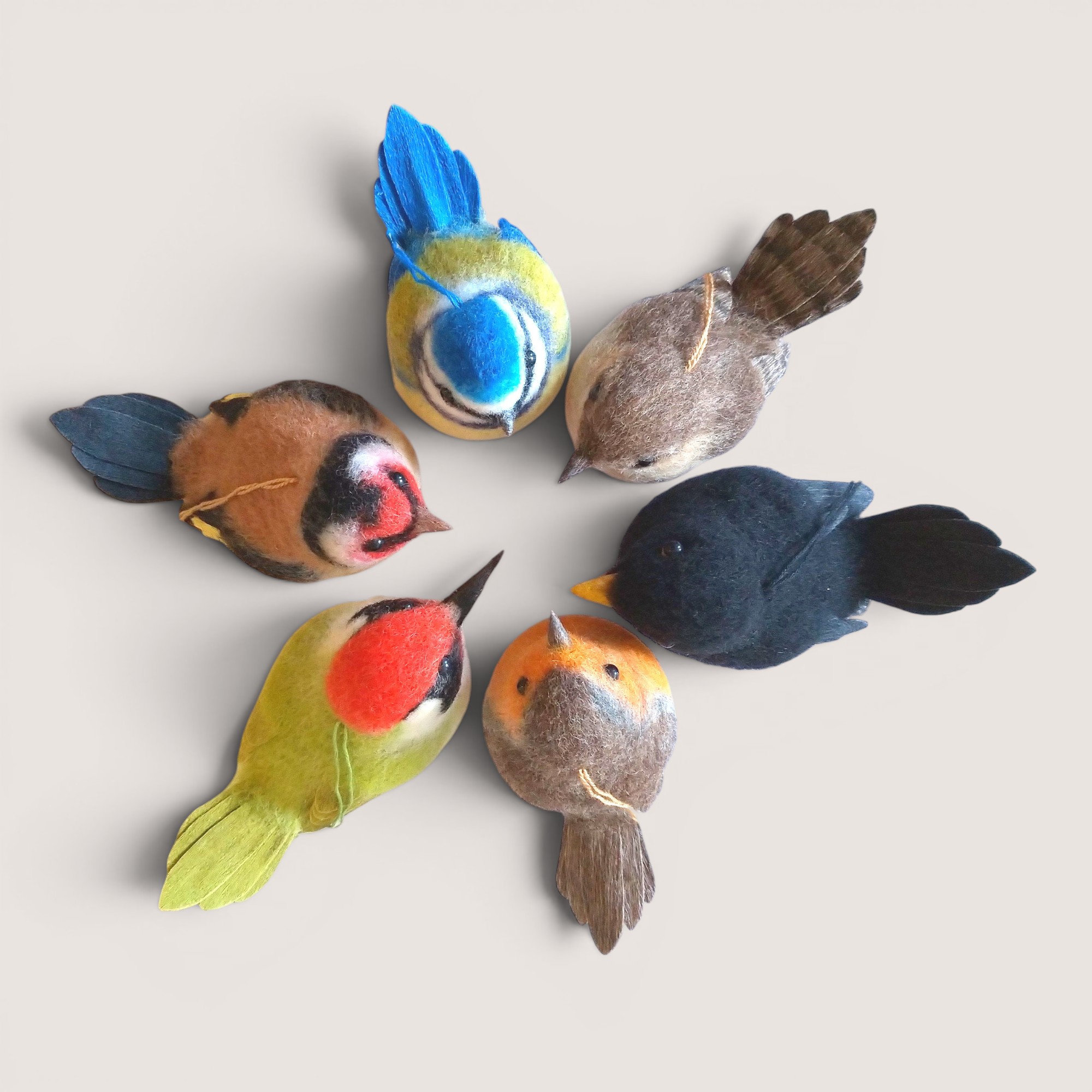 Birds eye view of all six bauble birds in Collection, by Grey Wren Studio