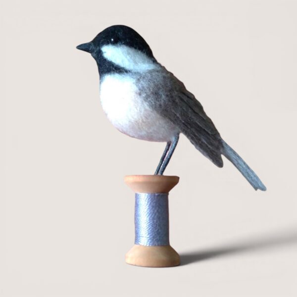 Wooden Bobbin Bird Collection 8 Needle-felted black-capped chickadee on a wooden bobbin by Grey Wren Studio