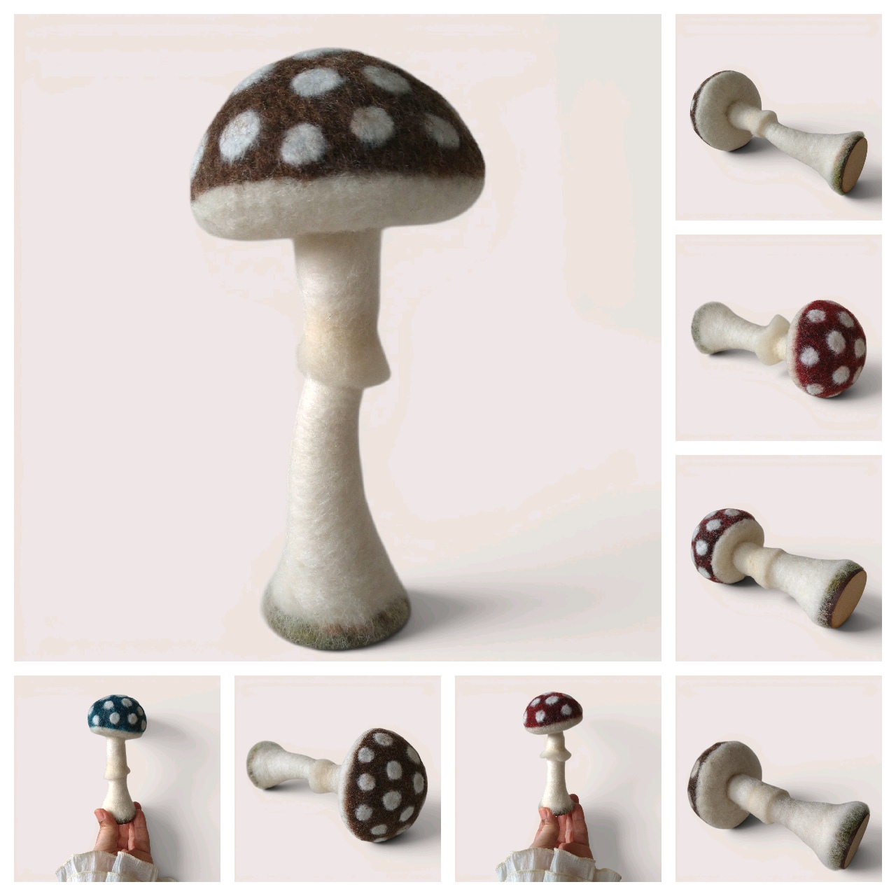 Grid image of needle felted Mushrooms by Grey Wren Studio.