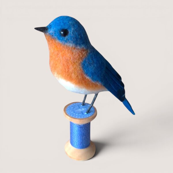 Wooden Bobbin Bird Collection 7 Needle-felted Eastern Bluebird on a wooden bobbin by Grey Wren Studio