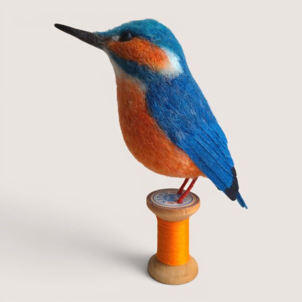 Wooden Bobbin Bird Collection 1 A needle felted kingfisher mounted on a wooden bobbin by Grey Wren Studio