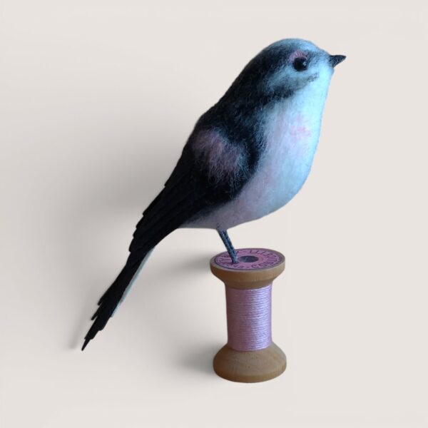 Wooden Bobbin Bird Collection 5 Needle-felted long-tailed tit on a wooden bobbin by Grey Wren Studio