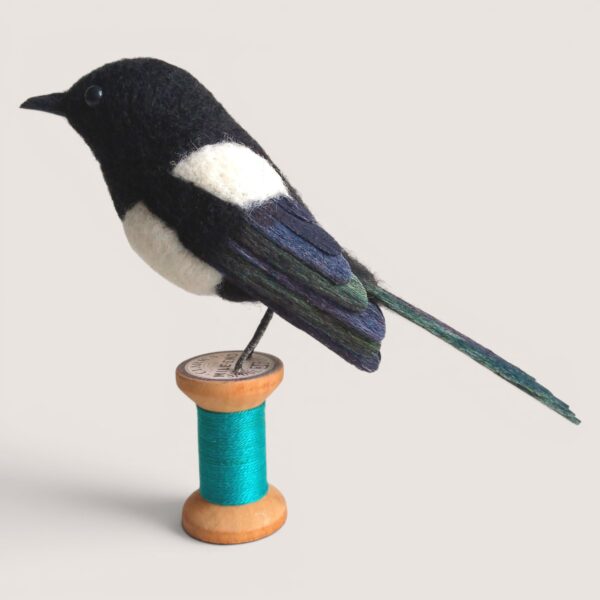 Wooden Bobbin Bird Collection 2 Needle felted magpie mounted on a wooden bobbin by Grey Wren Studio