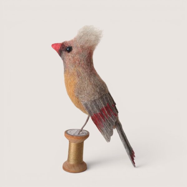 Wooden Bobbin Bird Collection 3 Needle-felted female Northern Cardinal on a wooden bobbin by Grey Wren Studio