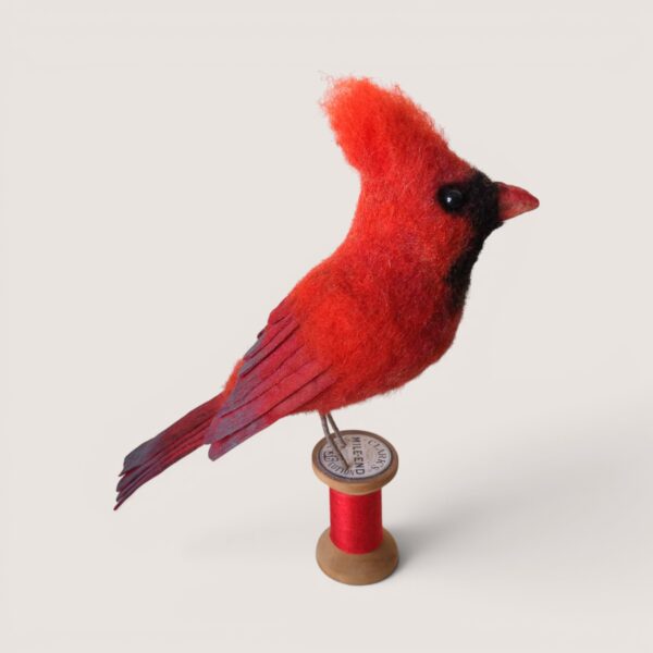 Wooden Bobbin Bird Collection 4 Needle-felted male Northern Cardinal on a wooden bobbin by Grey Wren Studio