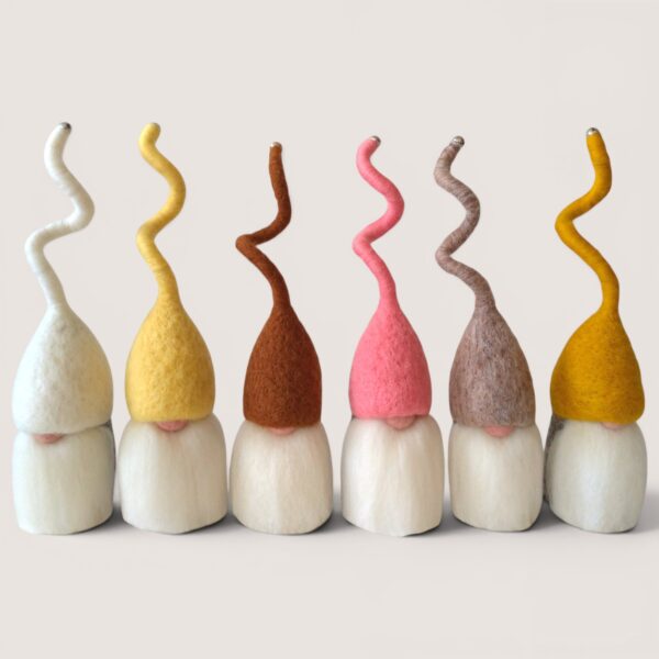 Needle felted Tomten set of six by Grey Wren Studio in the Hearth & Honey colour palette shown from the front.