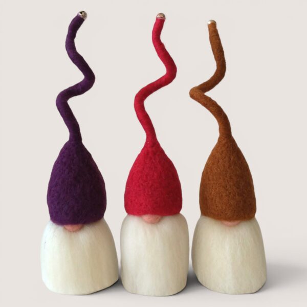 Needle felted Tomten set of three by Grey Wren Studio in the Bramblefire colour palette shown from the front.