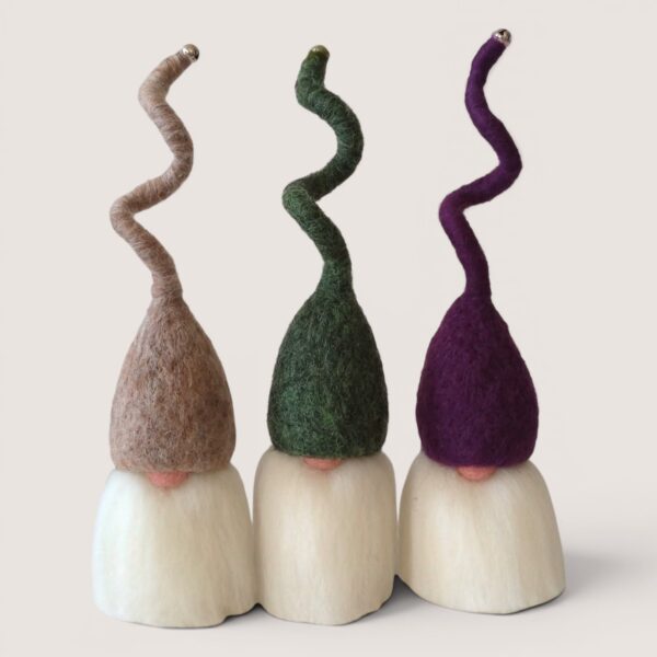 Needle felted Tomten set of three by Grey Wren Studio in the Hedgerow Dusk colour palette shown from the front.