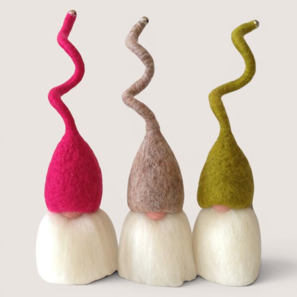 Needle felted Tomten set of three by Grey Wren Studio in the Raspberry Thicket colour palette shown from the front.