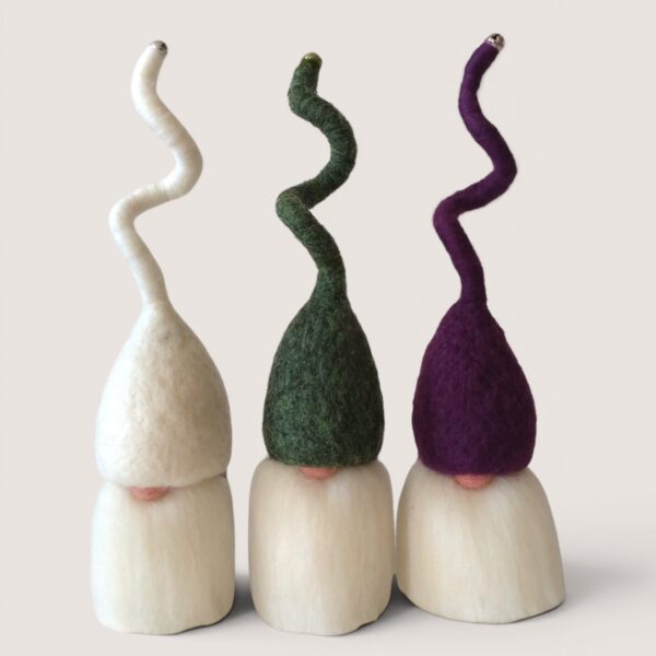 Needle felted Tomten set of three by Grey Wren Studio in the Winter Thicket colour palette shown from the front.