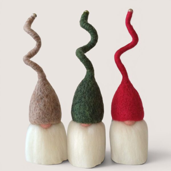 Needle felted Tomten set of three by Grey Wren Studio in the Woodland Ember colour palette shown from the front.