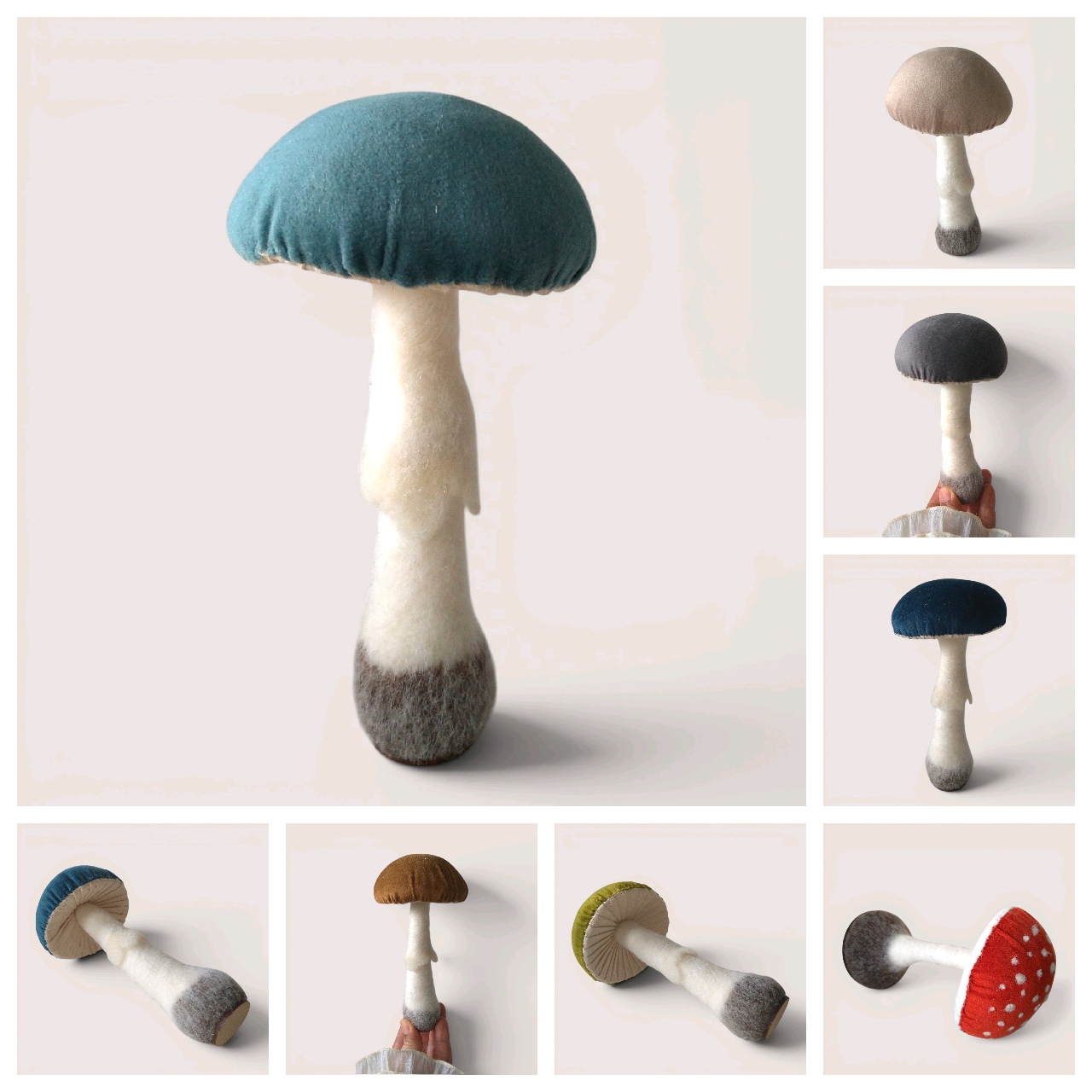 Flat lay of needle felted Velvet-Capped Mushrooms<br />
 by Grey Wren Studio.
