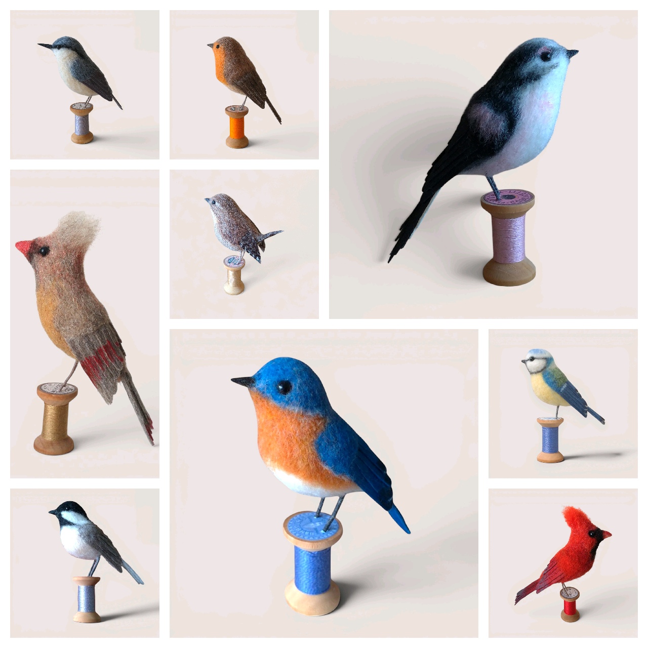 Flat lay of needle felted Wooden Bobbin Birds by Grey Wren Studio