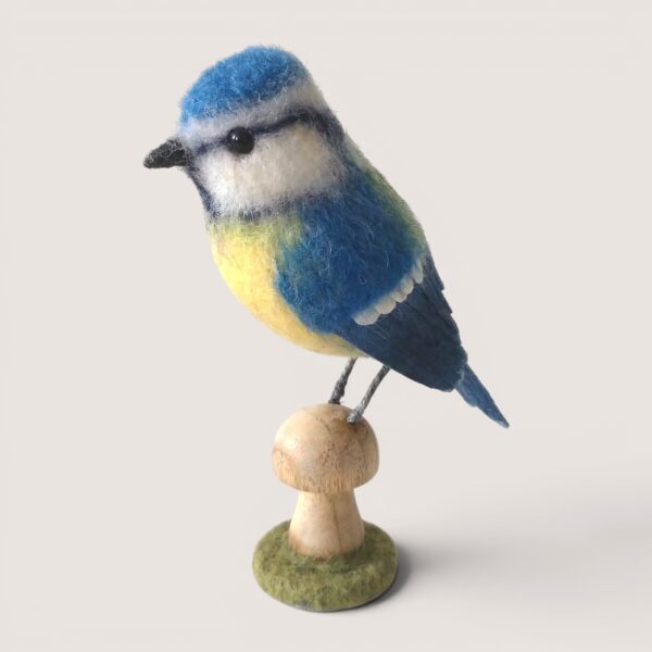 Made to Order 3 Needle felted blue tit perched on a wooden mushroom with felt-covered woodland base by Grey Wren Studio.