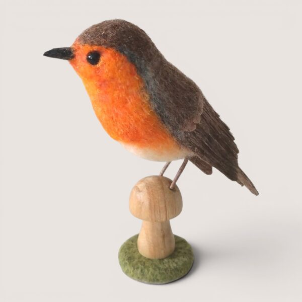 Made to Order 2 Needle felted robin perched on a wooden mushroom with felt-covered woodland base by Grey Wren Studio.