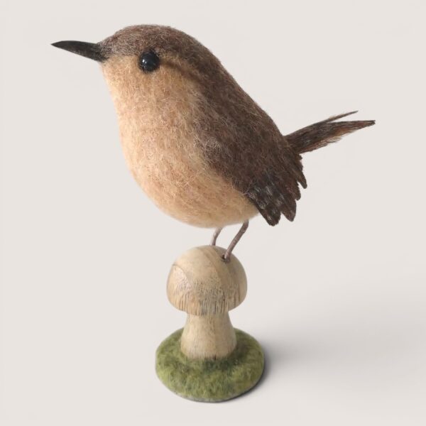 Made to Order 1 Needle felted wren perched on a wooden mushroom with felt-covered woodland base by Grey Wren Studio.